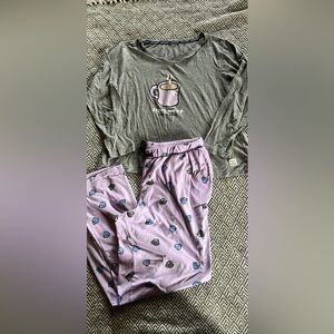 Life Is Good 2pc Pajama Set Womens M Gray Top Purple Pants Coffee Start Me Up